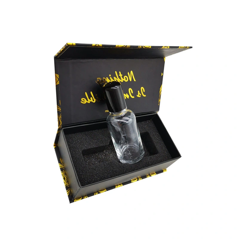 Custom Logo Luxury Essential Oil Bottle Paper Packaging Rigid Cosmetic Flap Lip Folding Black Gift Box with Foam and Magnetic Closure